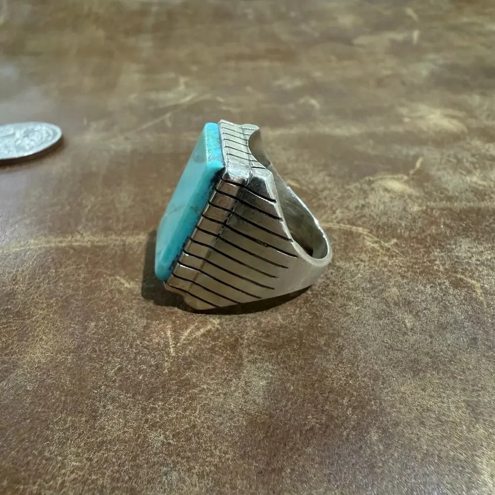 Navajo Native American Turquoise & Sterling Silver Ring Size 9 by Ray Jack
